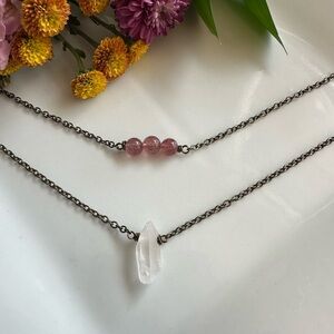 Quartz Point and Strawberry Quartz Necklace Set